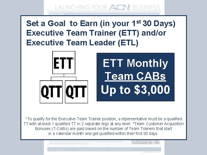 Set a Goal to Earn (in your 1 st 30 Days) Executive Team Trainer