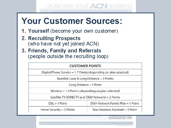Your Customer Sources: 1. Yourself (become your own customer) 2. Recruiting Prospects (who have