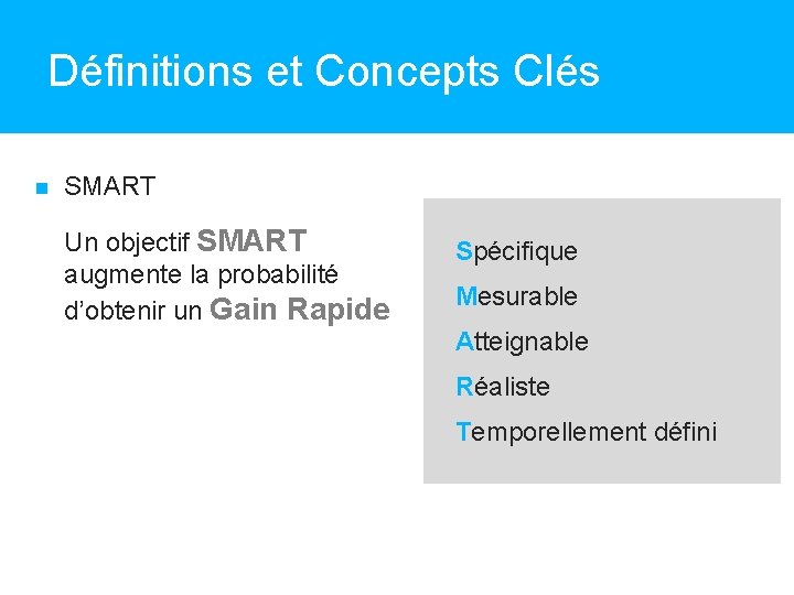 Définitions et Concepts Clés SMART Un objectif SMART augmente la probabilité d’obtenir un Gain