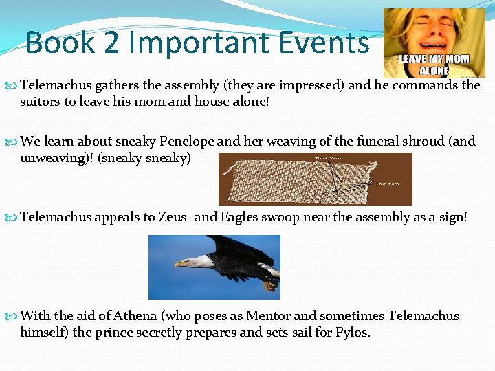 Book 2 Important Events Telemachus gathers the assembly (they are impressed) and he commands