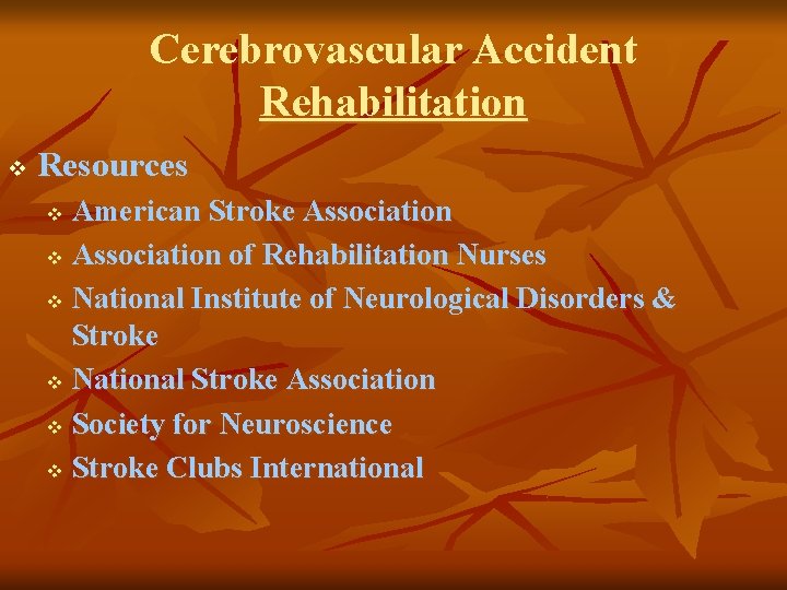 Cerebrovascular Accident Rehabilitation v Resources American Stroke Association v Association of Rehabilitation Nurses v