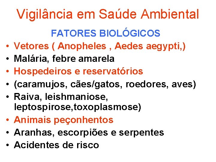 Vigilância em Saúde Ambiental • • FATORES BIOLÓGICOS Vetores ( Anopheles , Aedes aegypti,