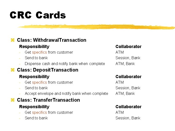 CRC Cards z Class: Withdrawal. Transaction Responsibility Collaborator - ATM Session, Bank ATM, Bank