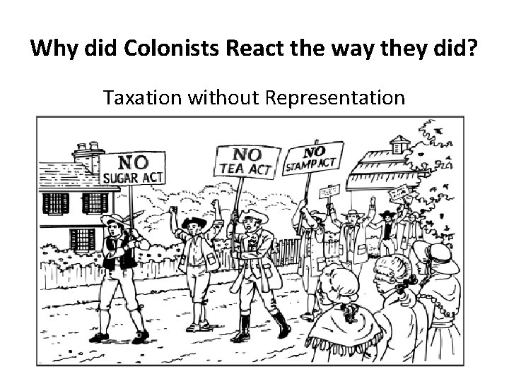 Why did Colonists React the way they did? Taxation without Representation 