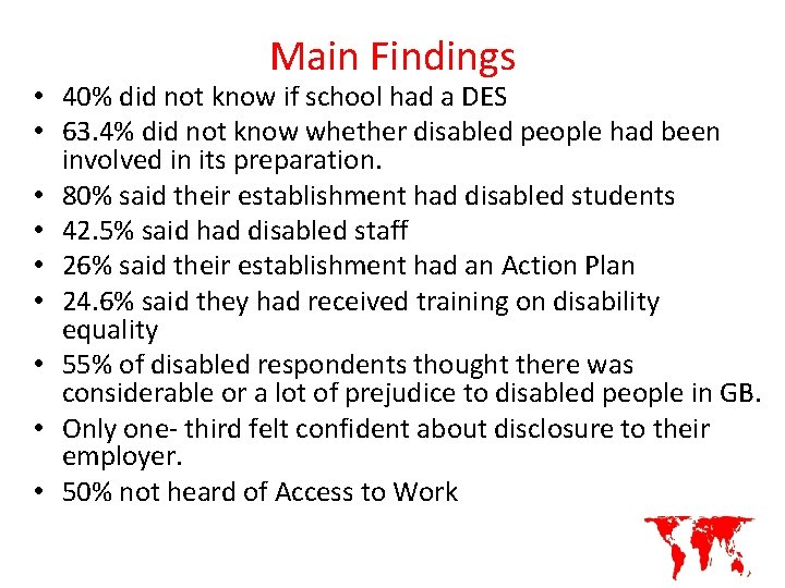 Main Findings • 40% did not know if school had a DES • 63.