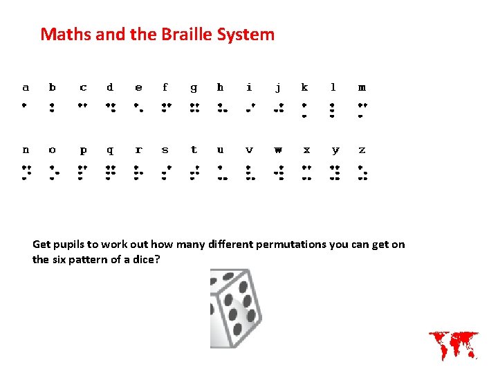 Maths and the Braille System Get pupils to work out how many different permutations