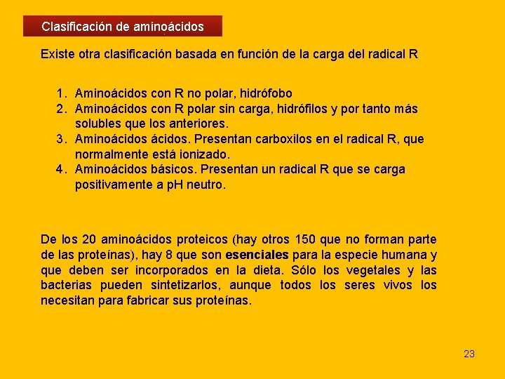 Clasificación de aminoácidos Existe otra clasificación basada en función de la carga del radical