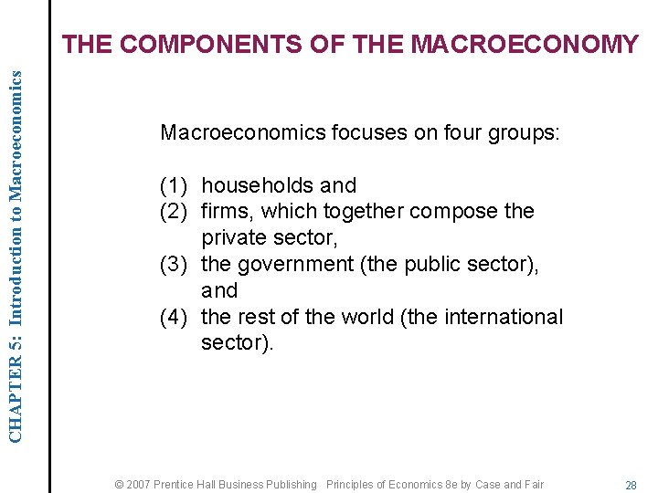 CHAPTER 5: Introduction to Macroeconomics THE COMPONENTS OF THE MACROECONOMY Macroeconomics focuses on four