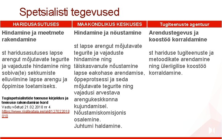 Spetsialisti tegevused HARIDUSASUTUSES Hindamine ja meetmete rakendamine MAAKONDLIKUS KESKUSES Hindamine ja nõustamine st lapse