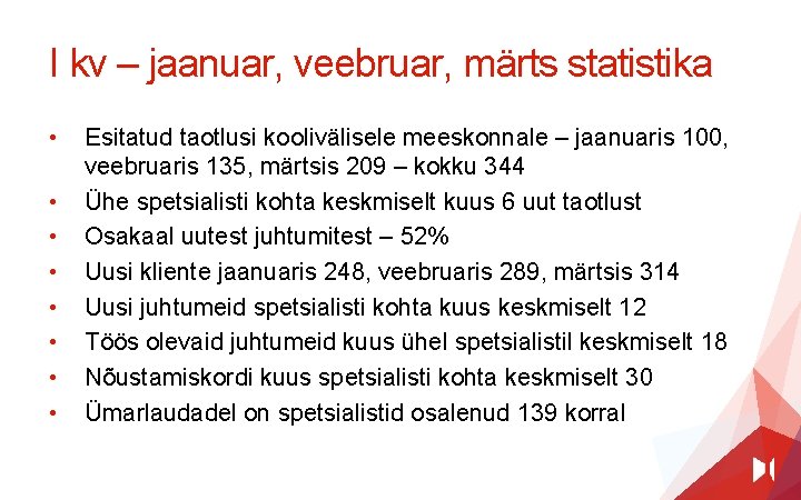 I kv – jaanuar, veebruar, märts statistika • • Esitatud taotlusi koolivälisele meeskonnale –