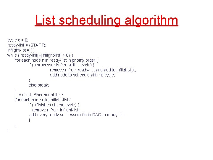 List scheduling algorithm cycle c = 0; ready-list = {START}; inflight-list = { };