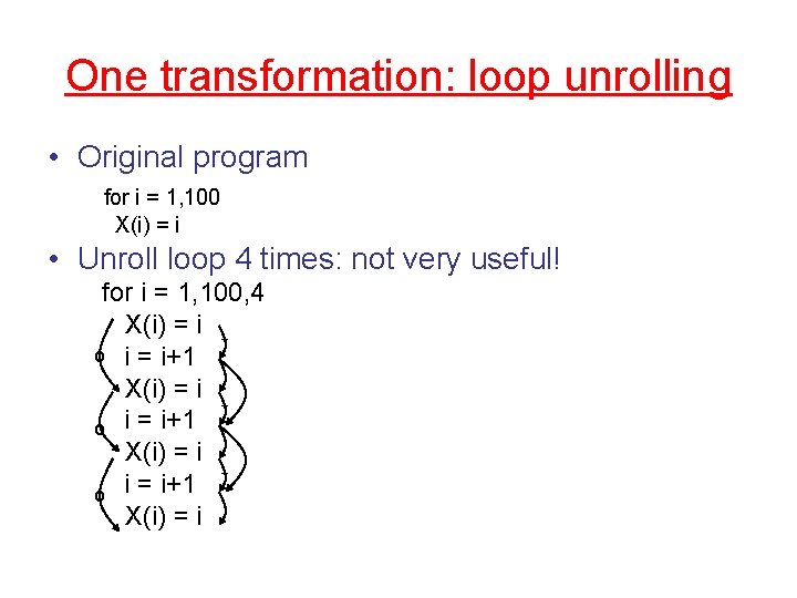 One transformation: loop unrolling • Original program for i = 1, 100 X(i) =