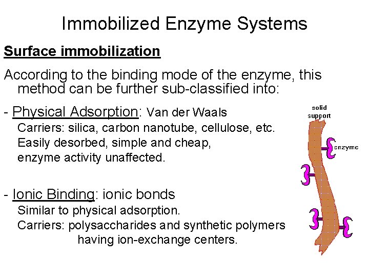 Immobilized Enzyme Systems Surface immobilization According to the binding mode of the enzyme, this