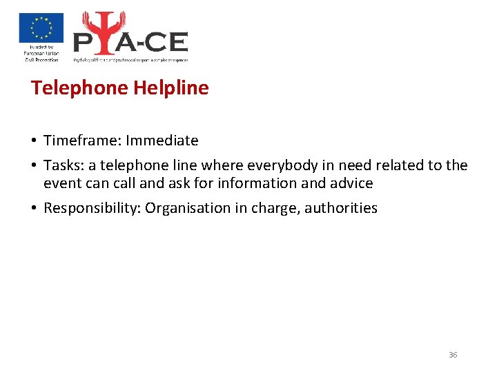 Telephone Helpline • Timeframe: Immediate • Tasks: a telephone line where everybody in need