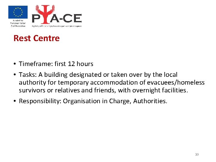 Rest Centre • Timeframe: first 12 hours • Tasks: A building designated or taken