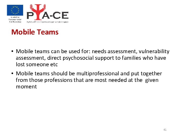 Mobile Teams • Mobile teams can be used for: needs assessment, vulnerability assessment, direct