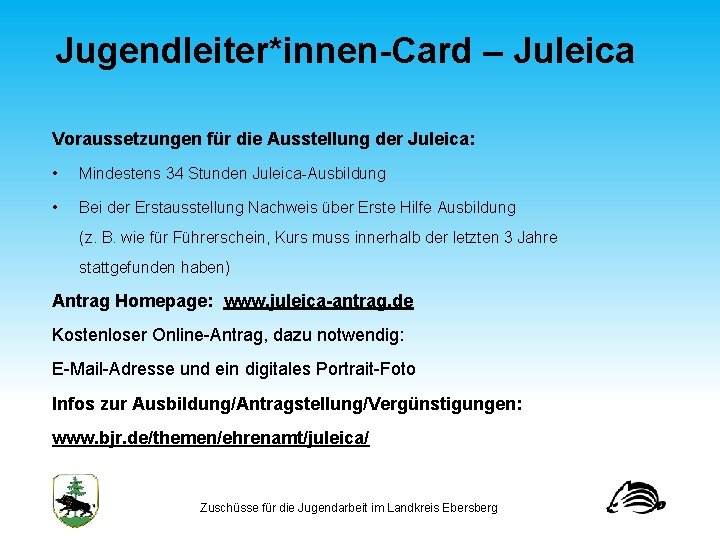 Jugendleiter*innen Card – Juleica Voraussetzungen für die Ausstellung der Juleica: • Mindestens 34 Stunden