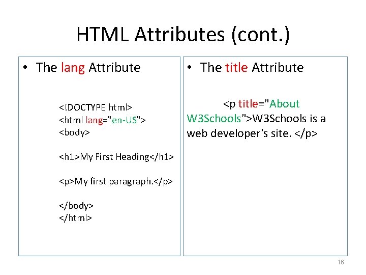 HTML Attributes (cont. ) • The lang Attribute <!DOCTYPE html> <html lang="en-US"> <body> •