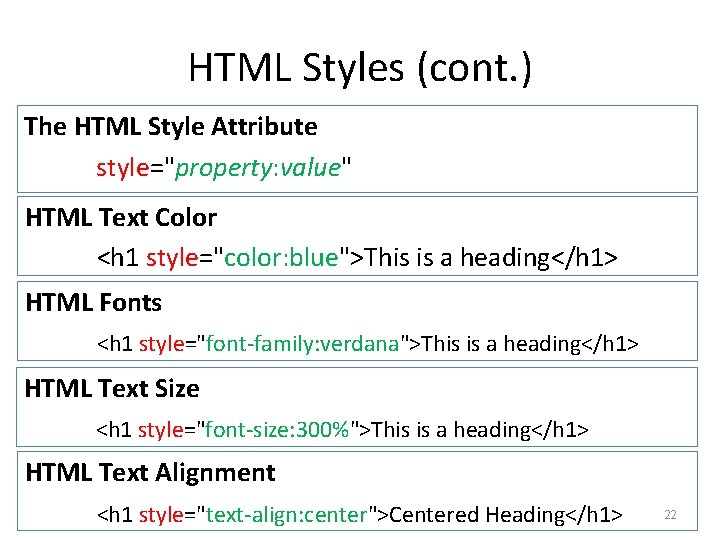 HTML Styles (cont. ) The HTML Style Attribute style="property: value" HTML Text Color <h