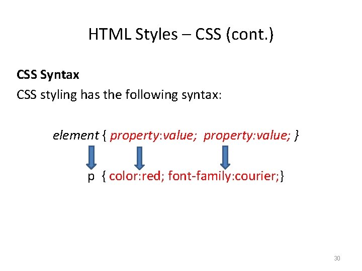 HTML Styles – CSS (cont. ) CSS Syntax CSS styling has the following syntax: HTML Styles – CSS (cont. ) CSS Syntax CSS styling has the following syntax: