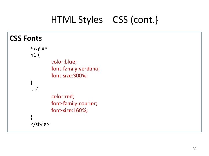 HTML Styles – CSS (cont. ) CSS Fonts <style> h 1 { } p