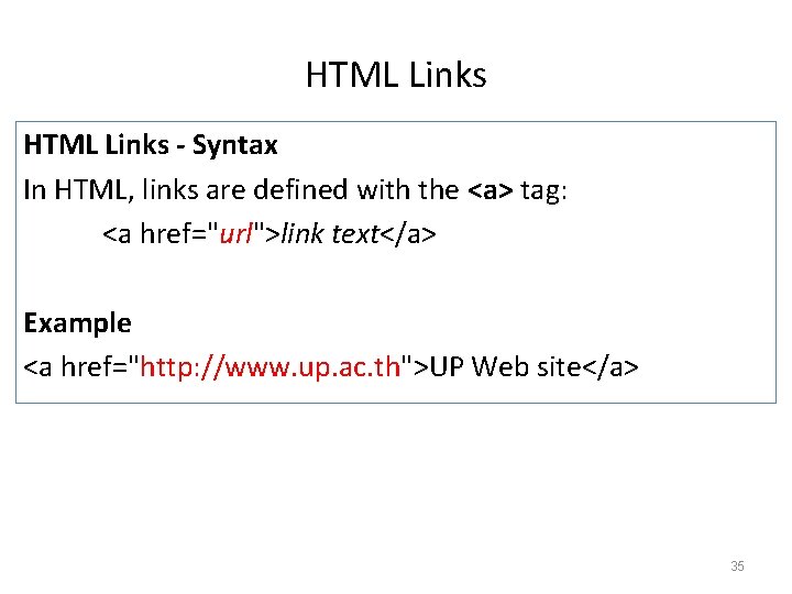 HTML Links - Syntax In HTML, links are defined with the <a> tag: <a