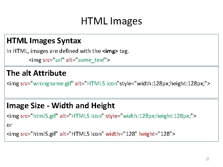 HTML Images Syntax In HTML, images are defined with the <img> tag. <img src="url"