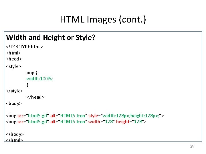 HTML Images (cont. ) Width and Height or Style? <!DOCTYPE html> <head> <style> img