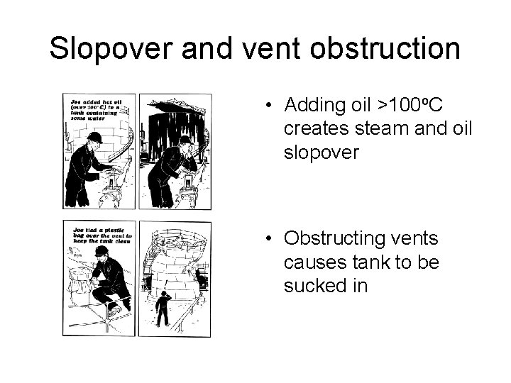 Slopover and vent obstruction • Adding oil >100 o. C creates steam and oil