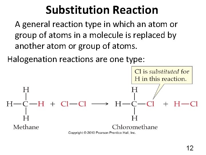 Substitution Reaction A general reaction type in which an atom or group of atoms
