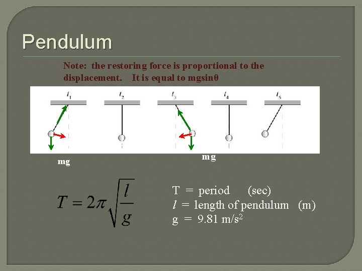 Pendulum Note: the restoring force is proportional to the displacement. It is equal to