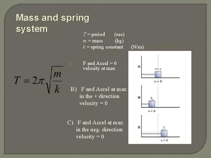 Mass and spring system T = period (sec) m = mass (kg) k =