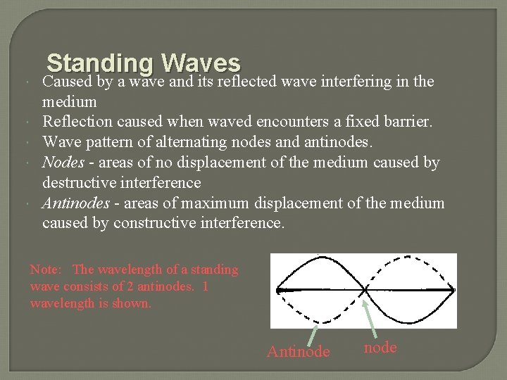  Standing Waves Caused by a wave and its reflected wave interfering in the