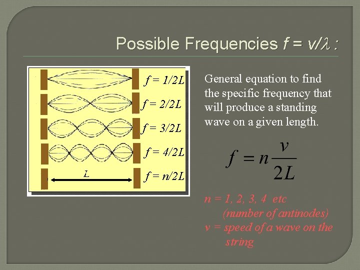 Possible Frequencies f = v/l : f = 1/2 L f = 2/2 L