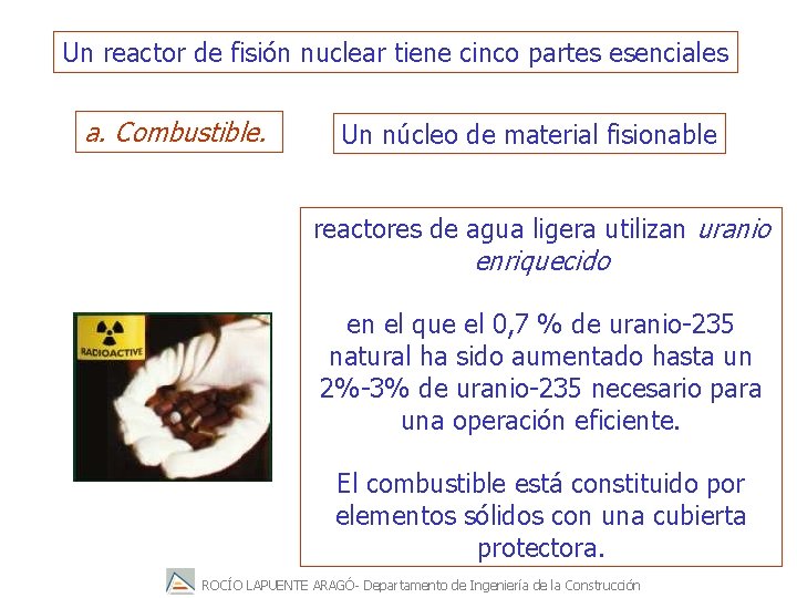 Un reactor de fisión nuclear tiene cinco partes esenciales a. Combustible. Un núcleo de