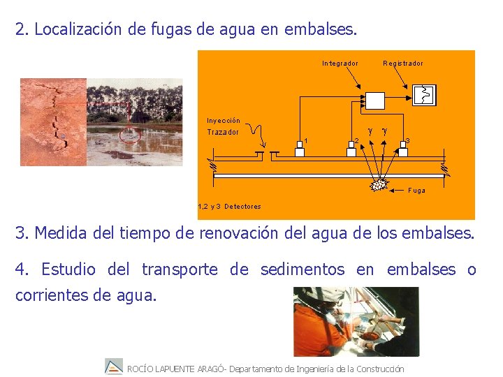 2. Localización de fugas de agua en embalses. 3. Medida del tiempo de renovación