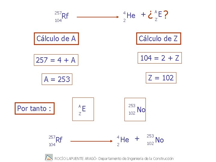 257 104 4 Rf 2 A He + ¿ Z E ? Cálculo de