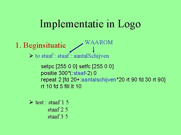 Implementatie in Logo 1. Beginsituatie WAAROM Ø to staaf : aantal. Schijven setpc [255