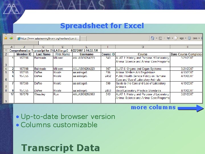 Spreadsheet for Excel more columns • Up-to-date browser version • Columns customizable Transcript Data