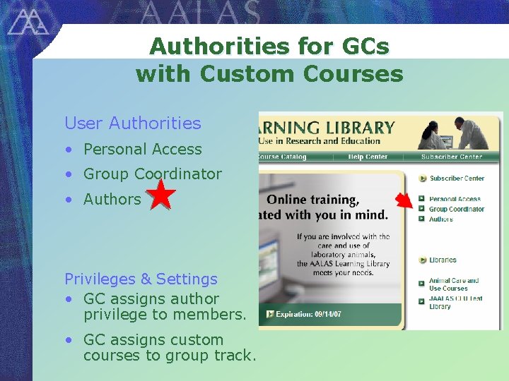 Authorities for GCs with Custom Courses User Authorities • Personal Access • Group Coordinator