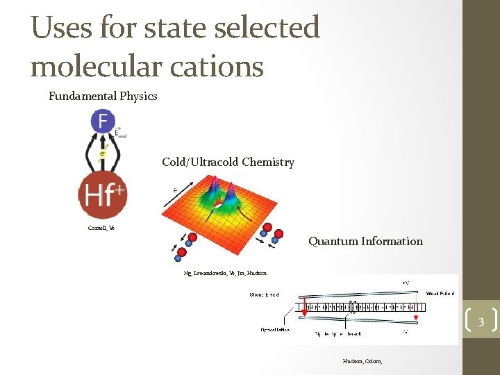 Uses for state selected molecular cations Fundamental Physics Cold/Ultracold Chemistry Cornell, Ye Quantum Information