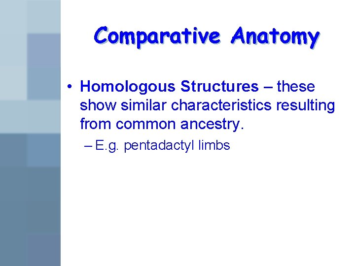 Comparative Anatomy • Homologous Structures – these show similar characteristics resulting from common ancestry.