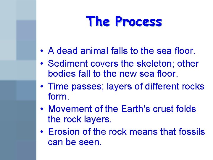 The Process • A dead animal falls to the sea floor. • Sediment covers