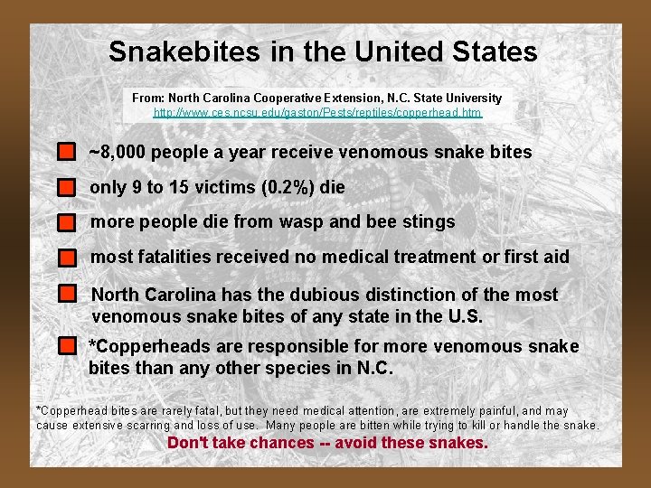 Snakebites in the United States From: North Carolina Cooperative Extension, N. C. State University