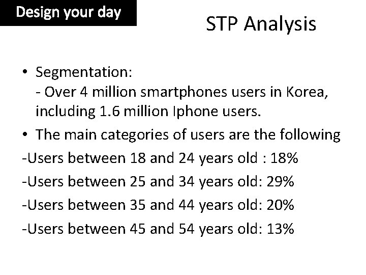 Design your day STP Analysis • Segmentation: - Over 4 million smartphones users in