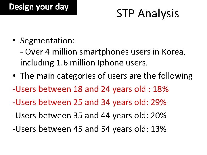 Design your day STP Analysis • Segmentation: - Over 4 million smartphones users in