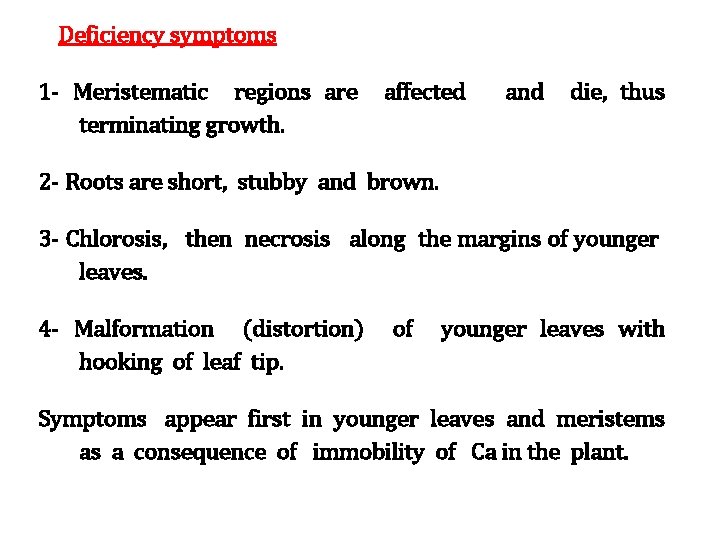 Deficiency symptoms 1 - Meristematic regions are terminating growth. affected and die, thus 2