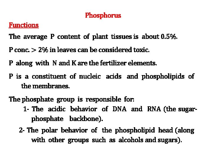 Phosphorus Functions The average P content of plant tissues is about 0. 5%. P