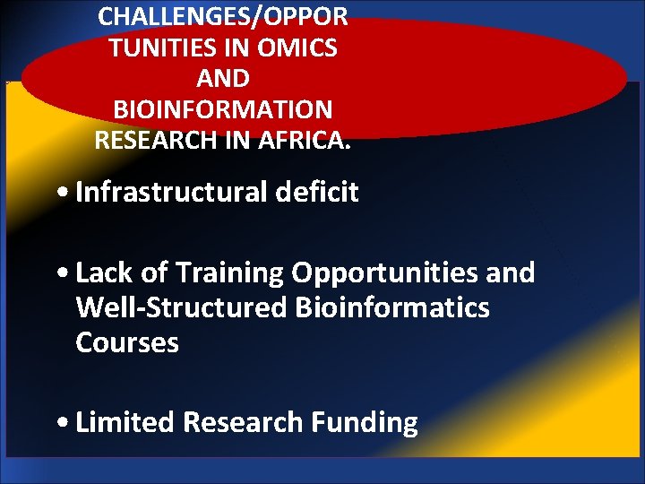 CHALLENGES/OPPOR TUNITIES IN OMICS AND BIOINFORMATION RESEARCH IN AFRICA. • Infrastructural deficit • Lack
