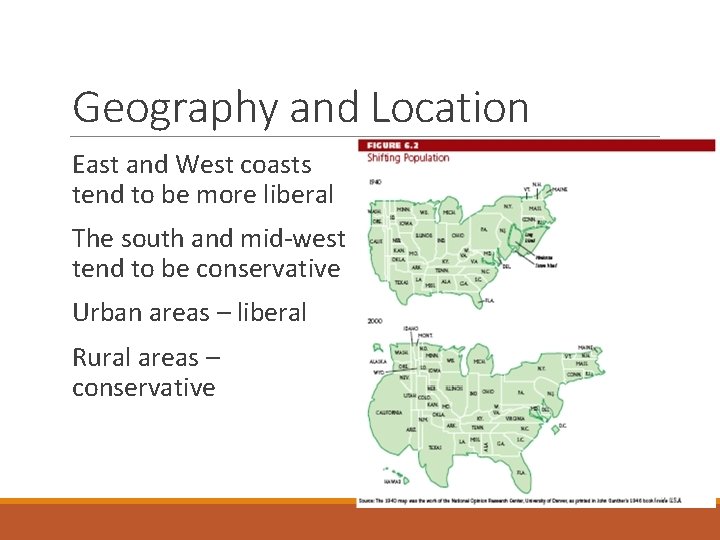 Geography and Location East and West coasts tend to be more liberal The south